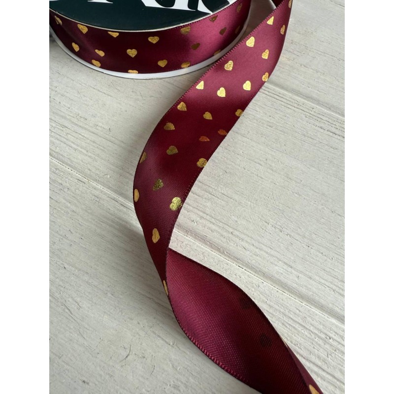 Атлас " Золоті сердечки "  2,5 см бордо   29 метрів