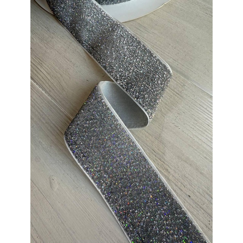 Стрічка оксамитова люрексова " 4 см", срібло з голограмою17 метрів