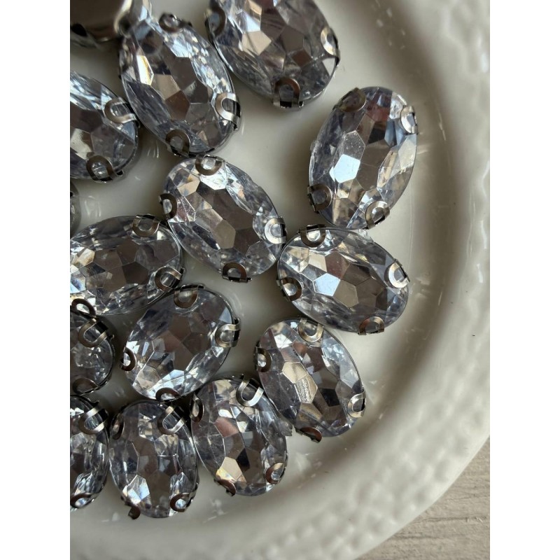 Стрази в цапах пришивні Овал 14*10 мм білі 10 шт