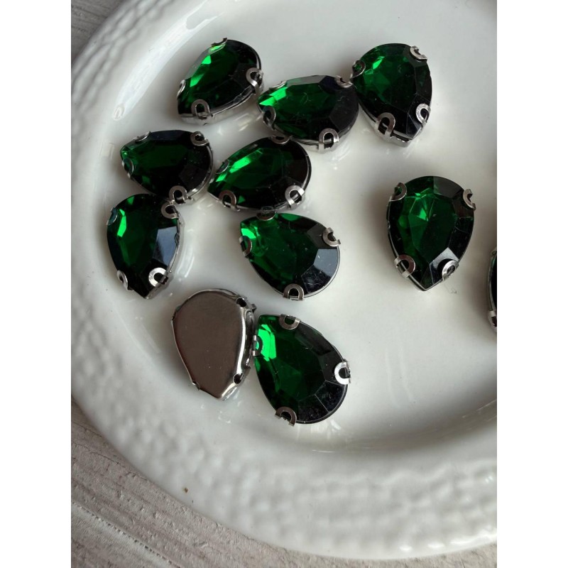 Стрази в цапах пришивні Крапля 14*10 мм темно зелені  10 шт