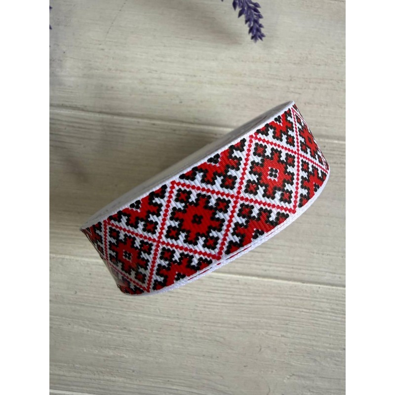 Репс "Вишиванка 2,5 см" червона 22,5 метра