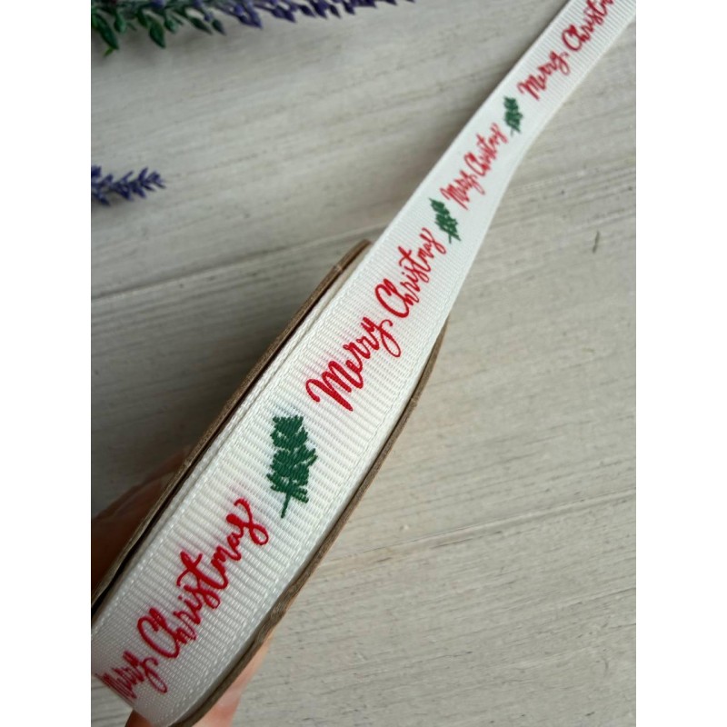Репс  " Merry Christmas + веточка 30351 " 1,5 см  22,5 метра
