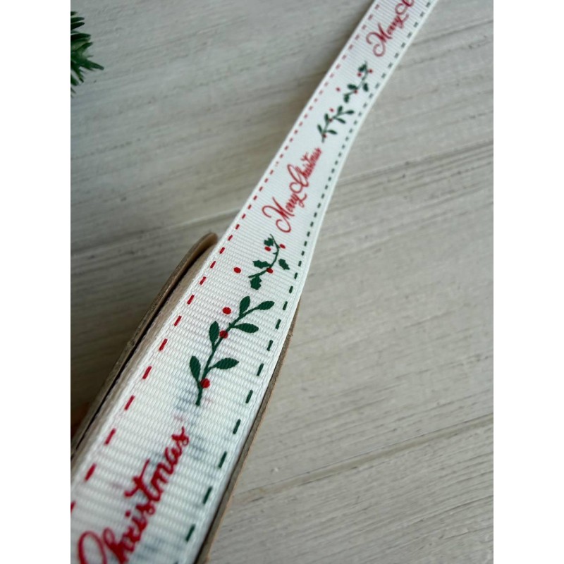 Репс  " Merry Christmas + веточка омелы 30349 " 1,5 см  22,5 метра