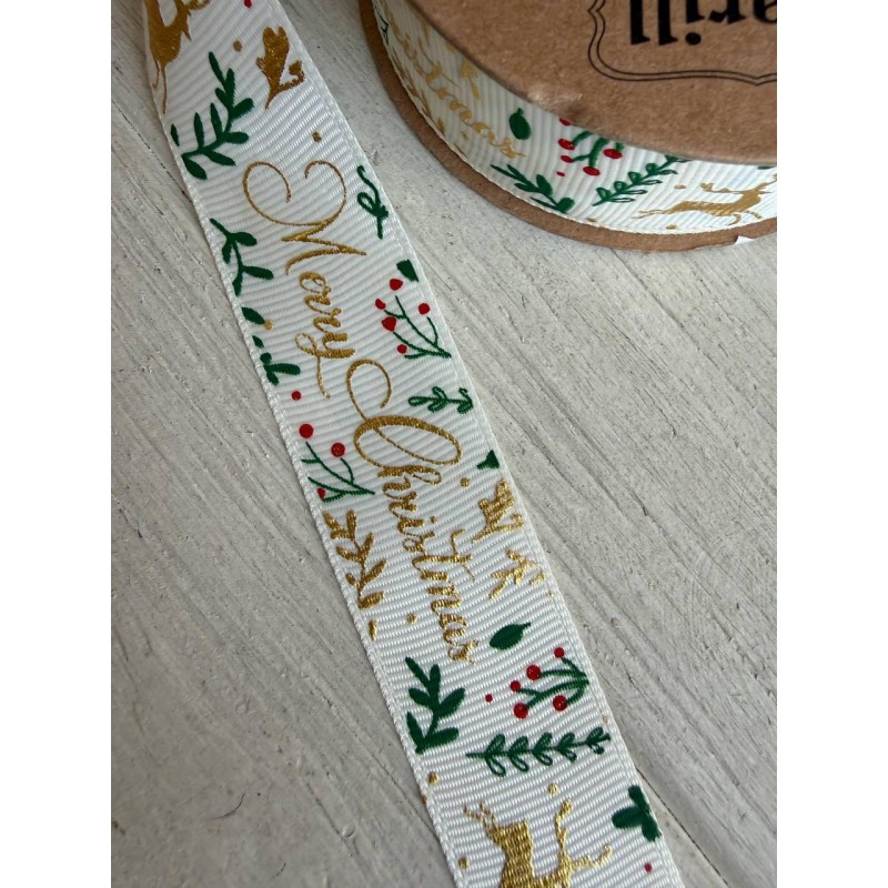 Репс  " Merry Christmas 30365 " 2,5 см  золотая надпись 18 метров