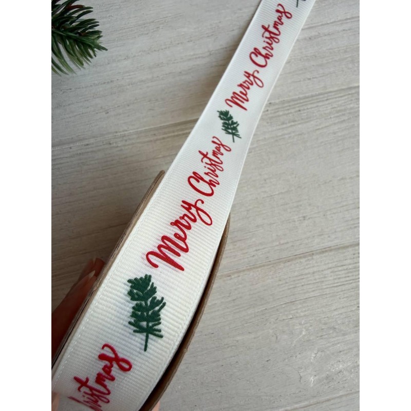 Репс  " Merry Christmas + веточка 30352 " 2,5 см  22,5 метра