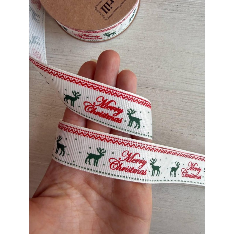 Репс  " Merry Christmas + олени 30355 " 2,5 см  22,5 метра