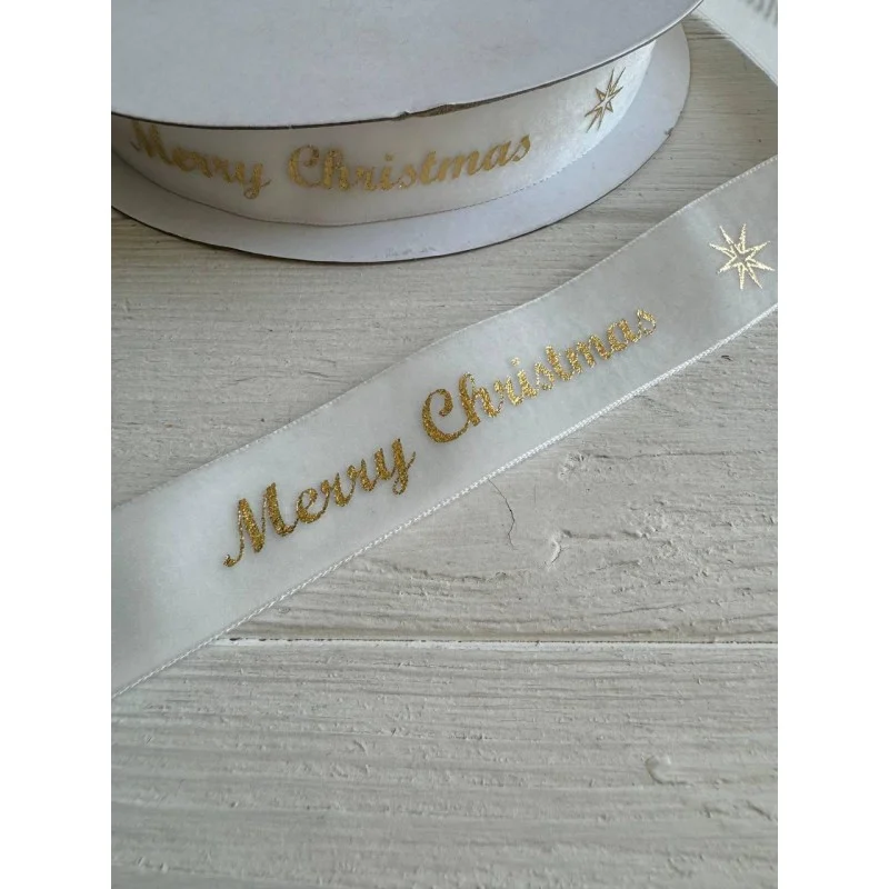 Лента бархатная " Merry Christmas 2,5 см "  БЕЛАЯ        рулон 45 метров