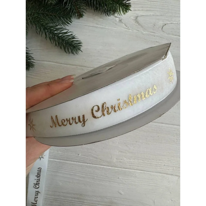 Лента бархатная " Merry Christmas 2,5 см "  БЕЛАЯ        рулон 45 метров