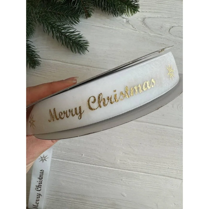 Лента бархатная " Merry Christmas 2,5 см "  БЕЛАЯ        рулон 45 метров