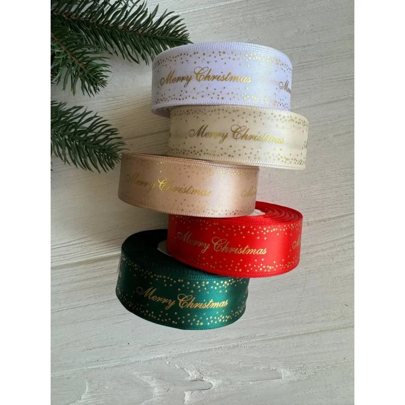 Атлас " Merry Christmas  со звездами  "  2,5 см  темно зеленый       рулон 22.5 метра